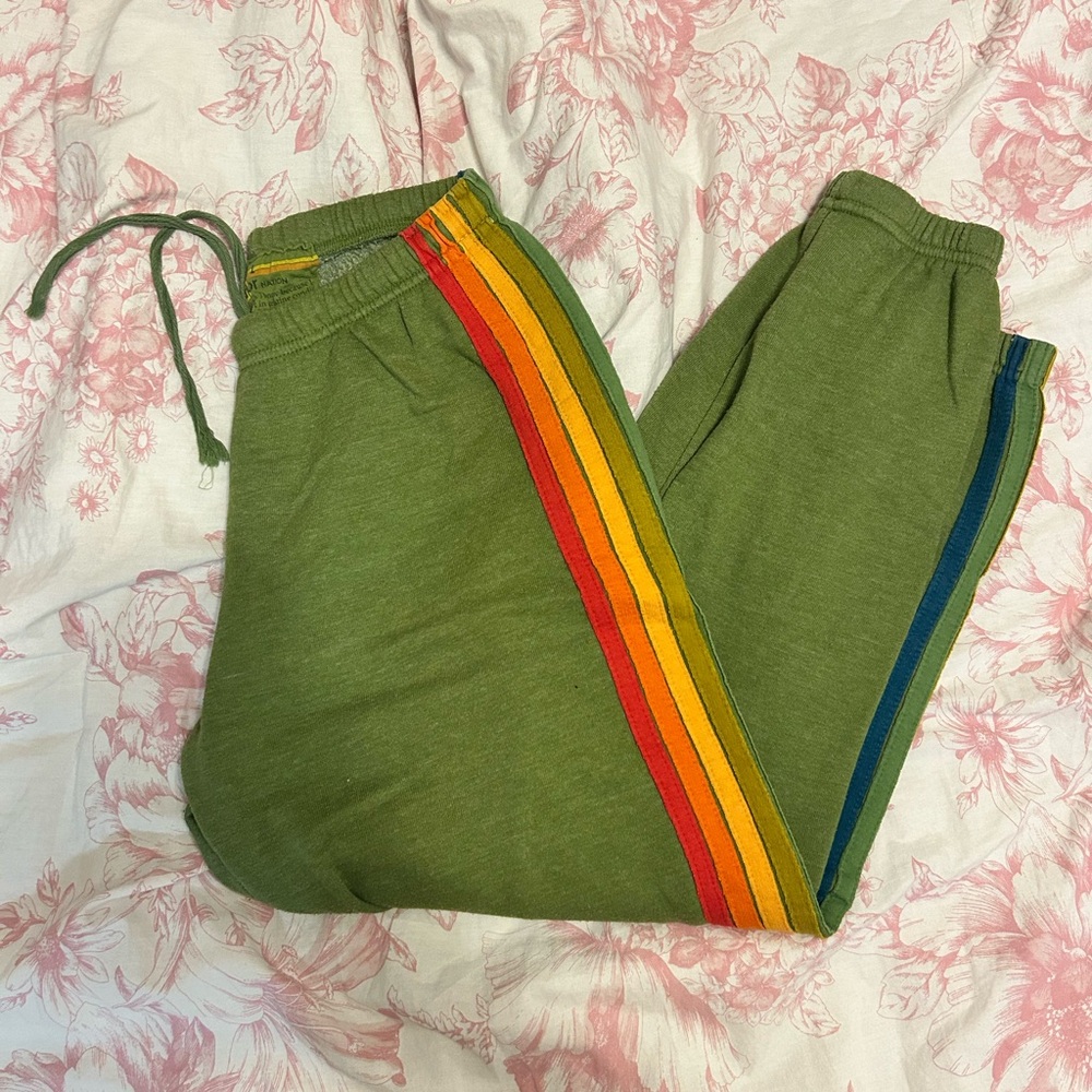 Aviator Nation Green Track Pants with Rainbow Accents